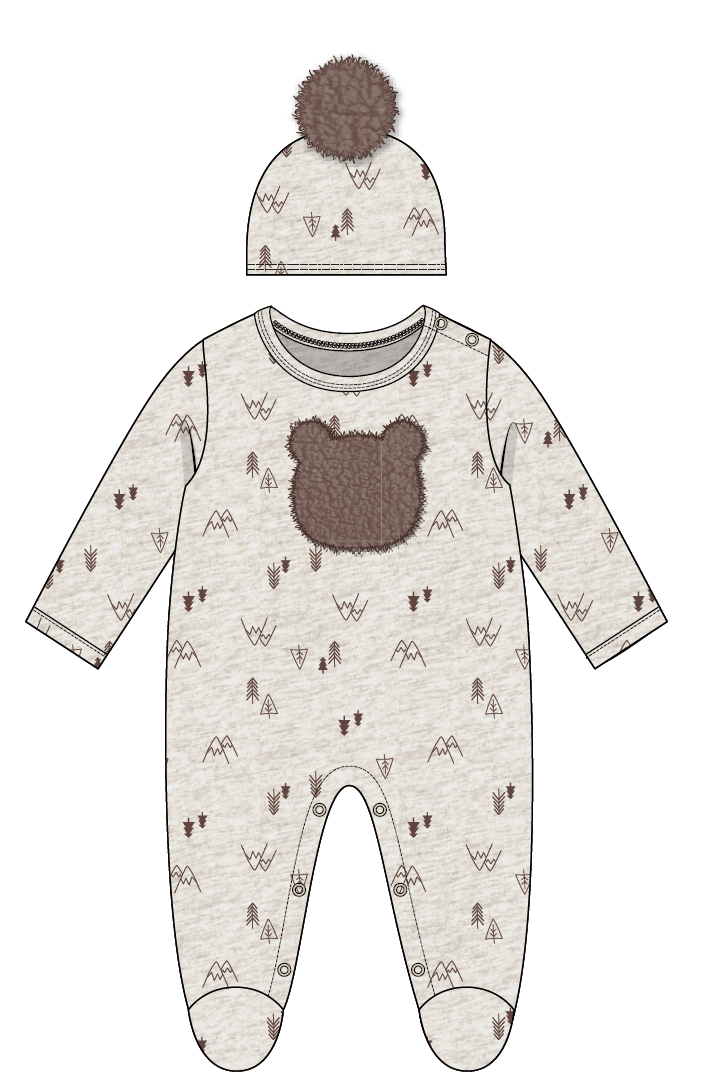 Boys Interlock Coverall With Hat: Brown  Bear